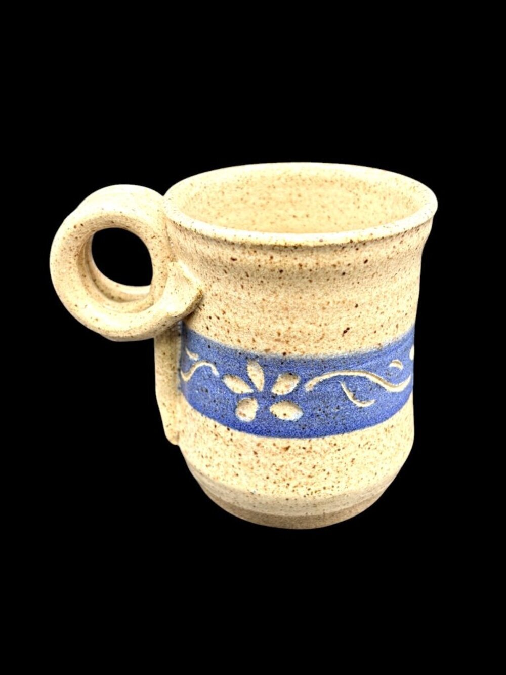 Signed Handmade Studio Pottery Mug Blue Floral Stoneware Artisan Coffee Cup 4" - Picture 2 of 10